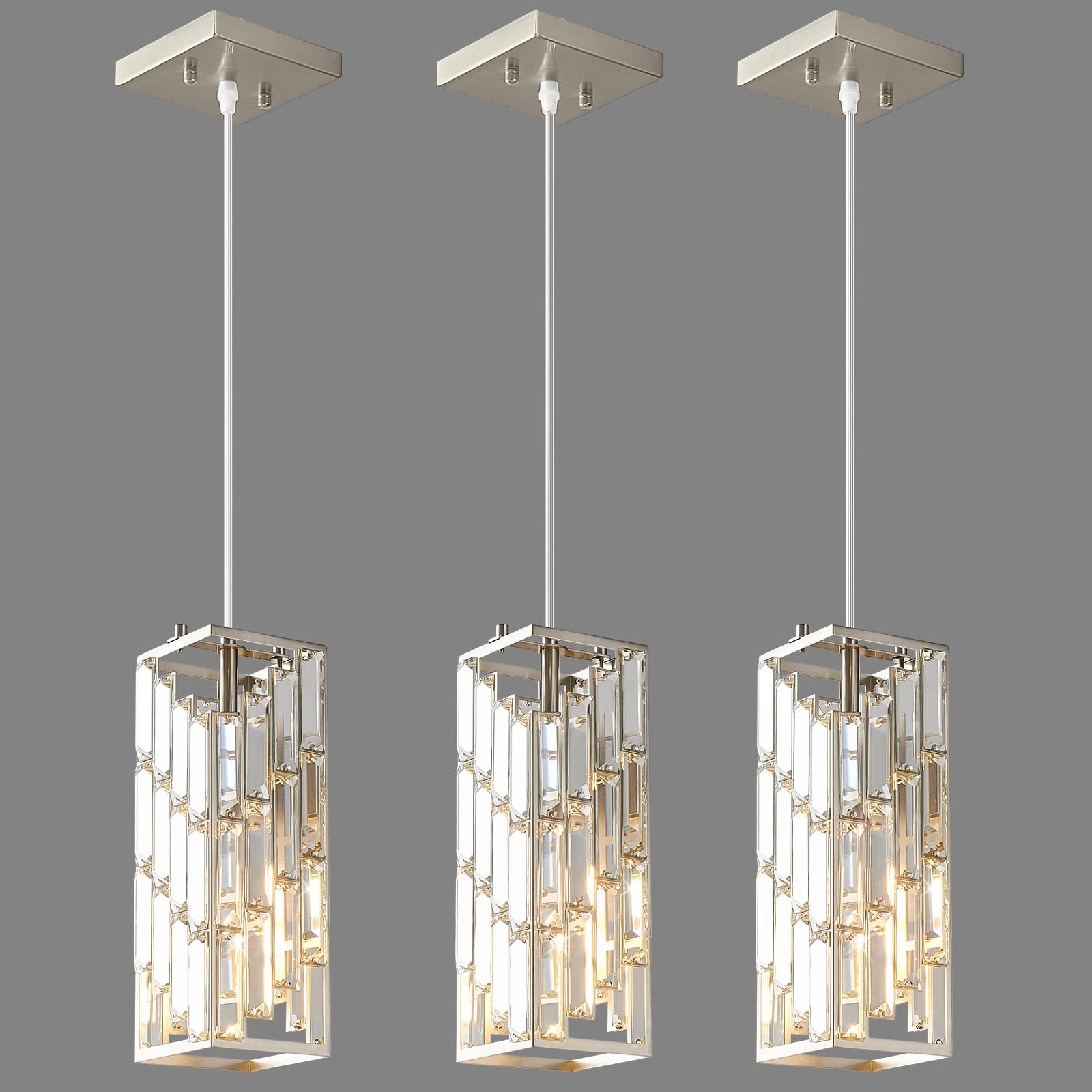 Photo 1 of FDPBY Brushed Nickel Pendant Lighting Modern Pendant Light, Mini Crystal Chandeliers, Adjustable Pendant Light Fixture for Kitchen Island Dinning Room Bedroom (3 Pack)