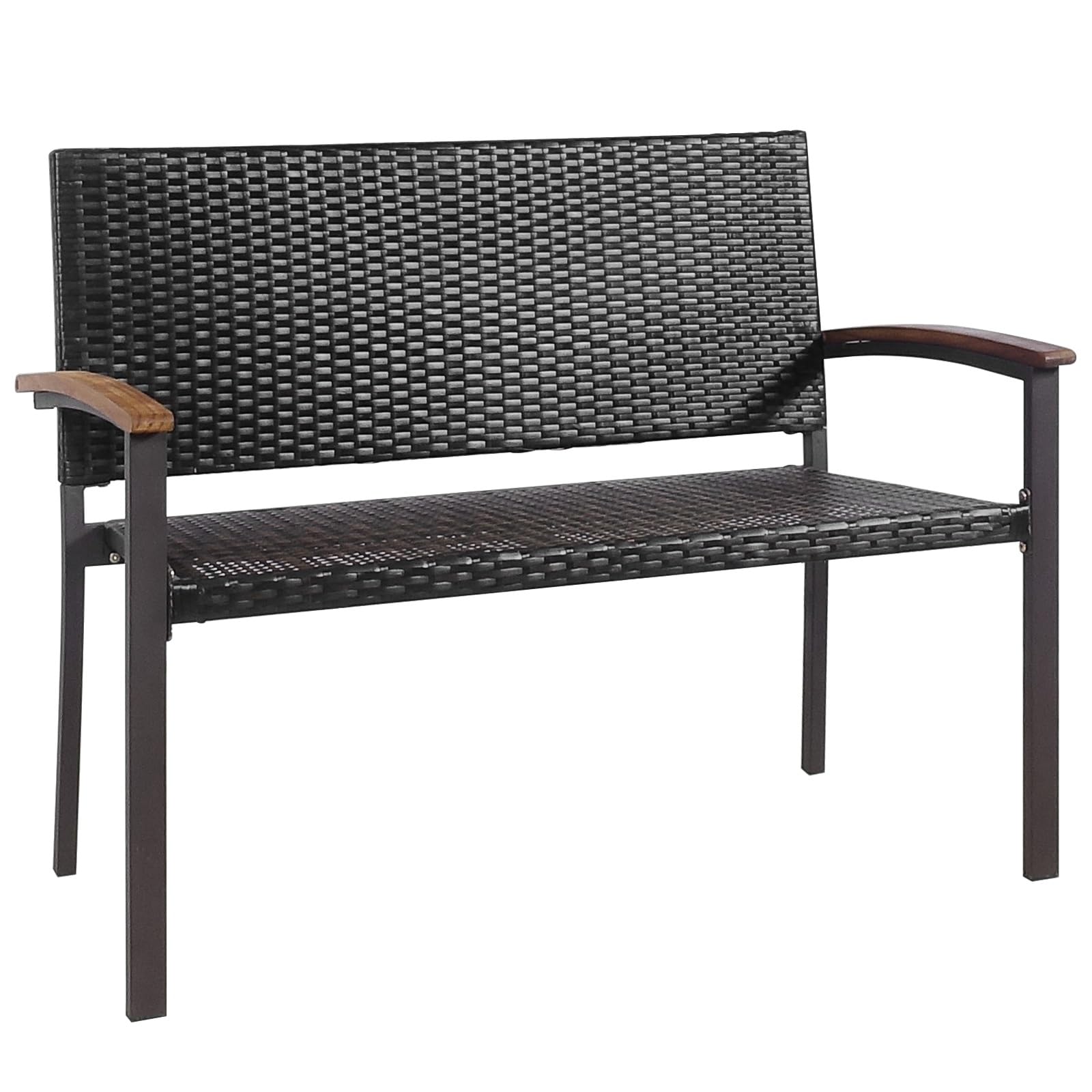 RELAX4LIFE Garden Bench, 2 Seater All-Weather Rattan Loveseat with Acacia Wood Armrests, Outdoor Steel Frame Weave Patio Leisure Bench for Lawn Pool Porch Backyard