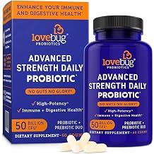 lovebug PROBIOTICS Probiotic and Prebiotic Digestive Health Supplement, Shelf Stable - with 10 Billion CFU, Vitamin C - for Men & Women, 15x More Survivability 60
