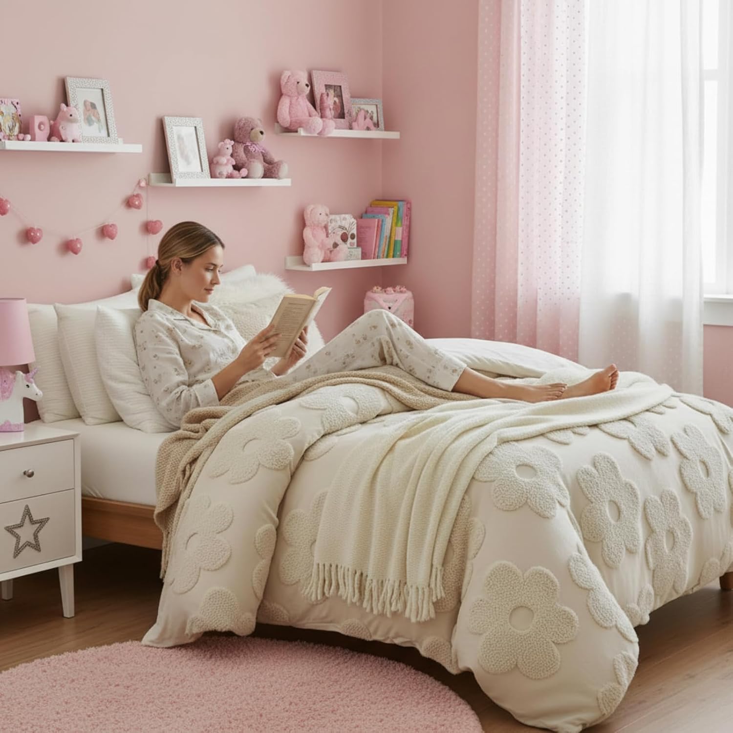 Frienda Spring Floral Queen Comforter Cover Set for Girls Women 3 Pcs Tufted Khaki Floral Bedding Set Embroidery Boho Warm Tufted Bedding Include 1 Comforter Cover 2 Pillow Case for Home Gift