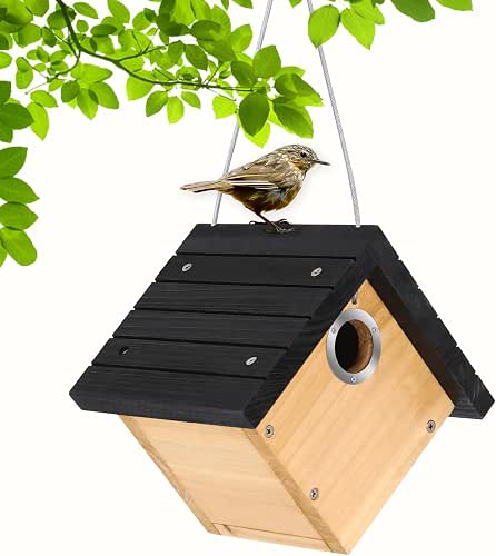 Wren Bird House for Outside, Hanging Wood Nesting Box for