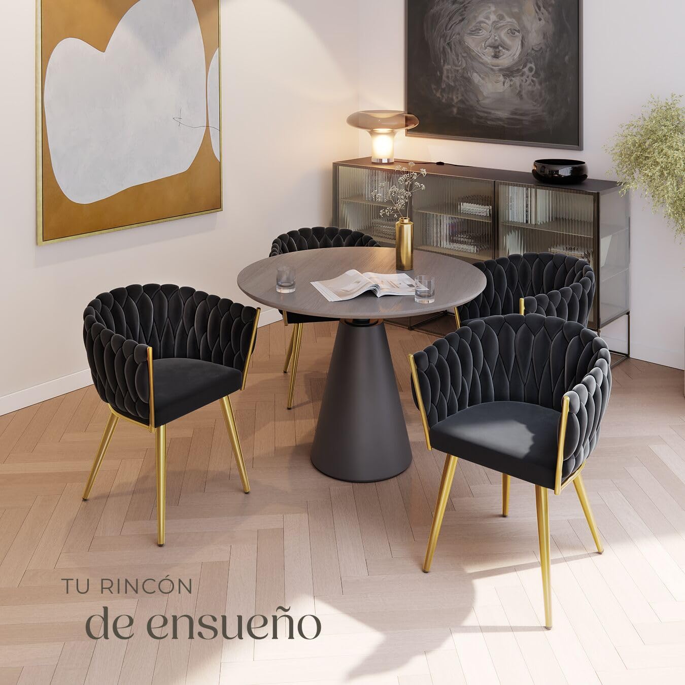tectake® Juego De Sillas de Comedor, Silla Acolchada con Reposabrazos, Diseño Anudado, Estructura de Acero, Cocina, Sillas Comedor Nordica - 4 Sillas Negro/Oro