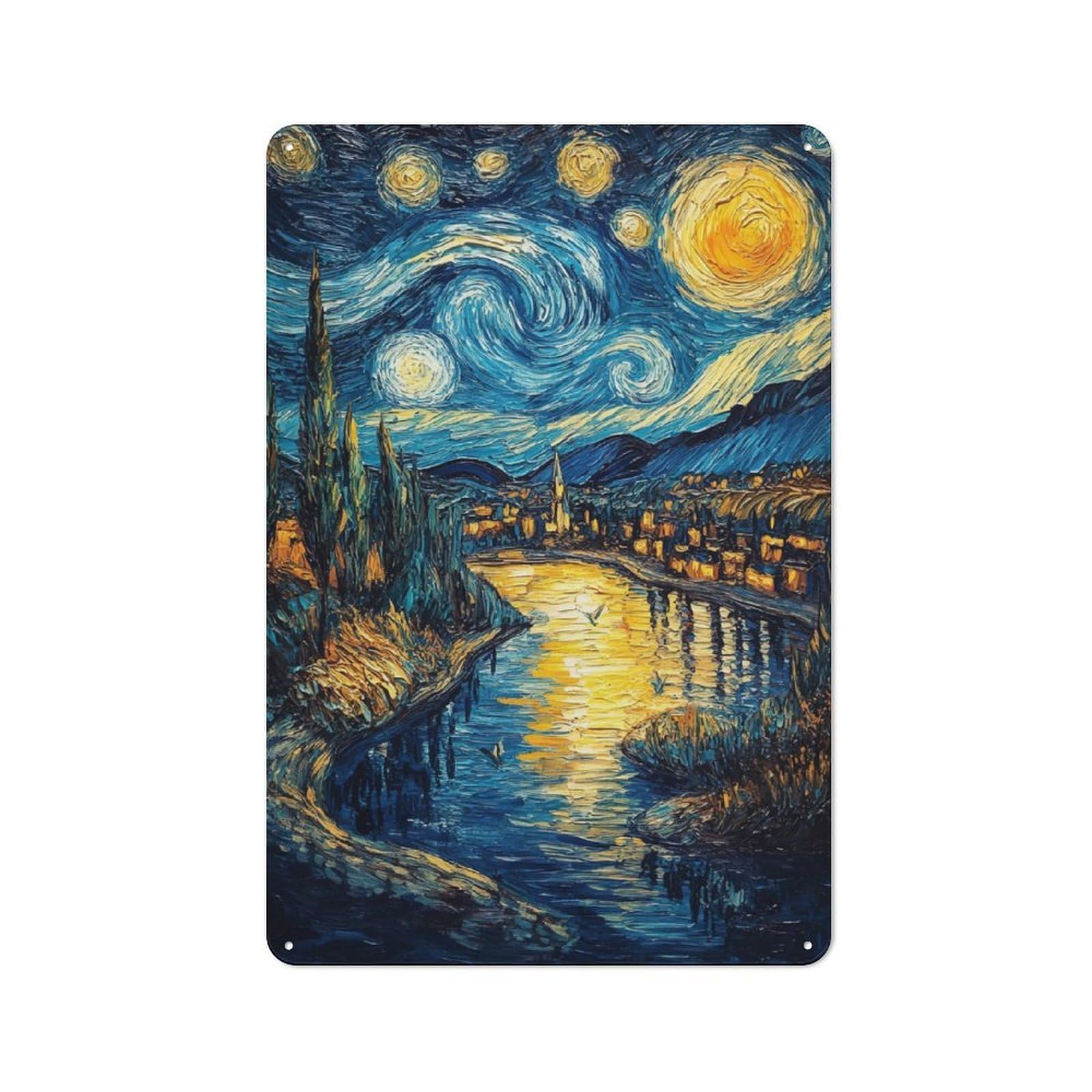 Junmoney Starry Night Over Town Tin Wall Plaque 30X20cm With For Bar Or Restaurant, Housewarming Wall Decor For People Furnishing Bar And Restaurant
