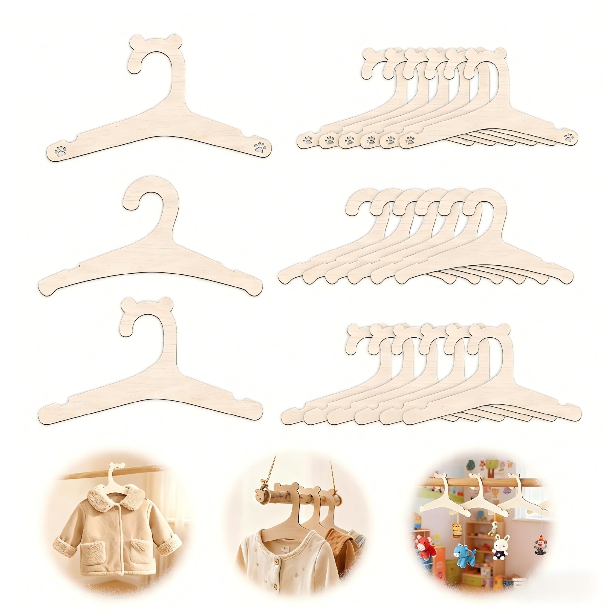 21PCS Wooden Baby Hangers for Clothes, 3 Cute Shapes of White Wooden Kids Hangers for Clothes for Vests, Blouses, Pants, Skirt Baby Clothes Hanger For Newborn, Toddler, Kids, Children, Pet