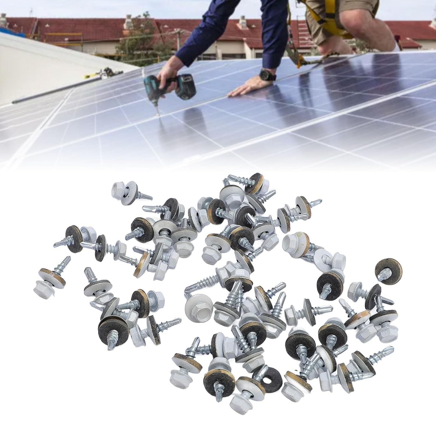 White Hex Head Self Drilling Metal Roofing Screws, Carbon Steel Zinc Plated with EPDM Washer and Hex Driver Bit, for Iron Panel Steel Plate Aluminum Panel Wood Plastic Sheet