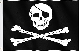 Pirate Flag, Hianjoo Jolly Roger Skull Flag 5ft x 3ft with Metal Eyelets, Vivid Color Fade Proof Polyester Canvas Header Double Stitched Crossbones Pirate Party Decoration Supplies 90 * 150CM