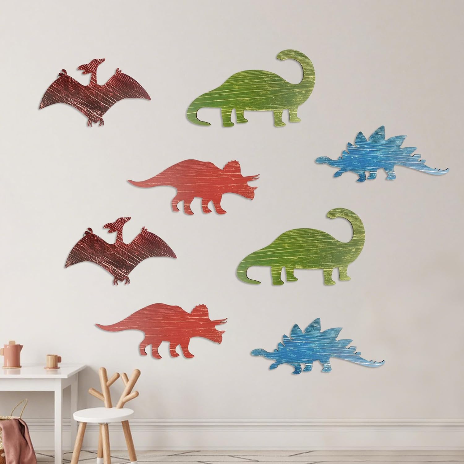 8 Pcs Dinosaur Wall Decors 14.17 x 8.46 Inches Wooden Boys Dinosaur Nursery Wall Art Decoration for Kids Baby Shower Farmhouse Bathroom Playroom