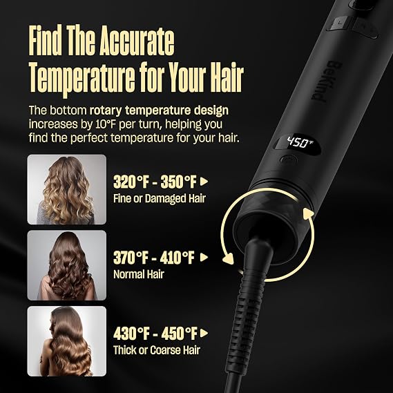 Automatic Rotating Curling Iron by BeKind Waves, 1 Inch Rotating Wand for Beach Waves, Tourmaline Ceramic, Fast Heat-up, Multiple Temps, Long-Lasting Curls, Dual Voltage (Black)