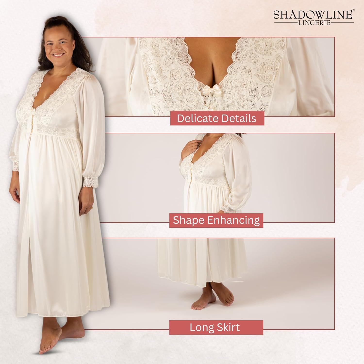 SHADOWLINE Women's Long Flowy Figure Flattering Button Down Robe- Silky Floral Stretch Lace Bodice Lingerie Elegant Sleepwear - Image 4