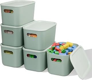 Soddeph 6 Pack Plastic Storage Bins with Lids, Stackable Storage Container Box for Organizing, Shelves,Home, Kitchen,Office, Closet, Playroom(Green, 6 PACK)