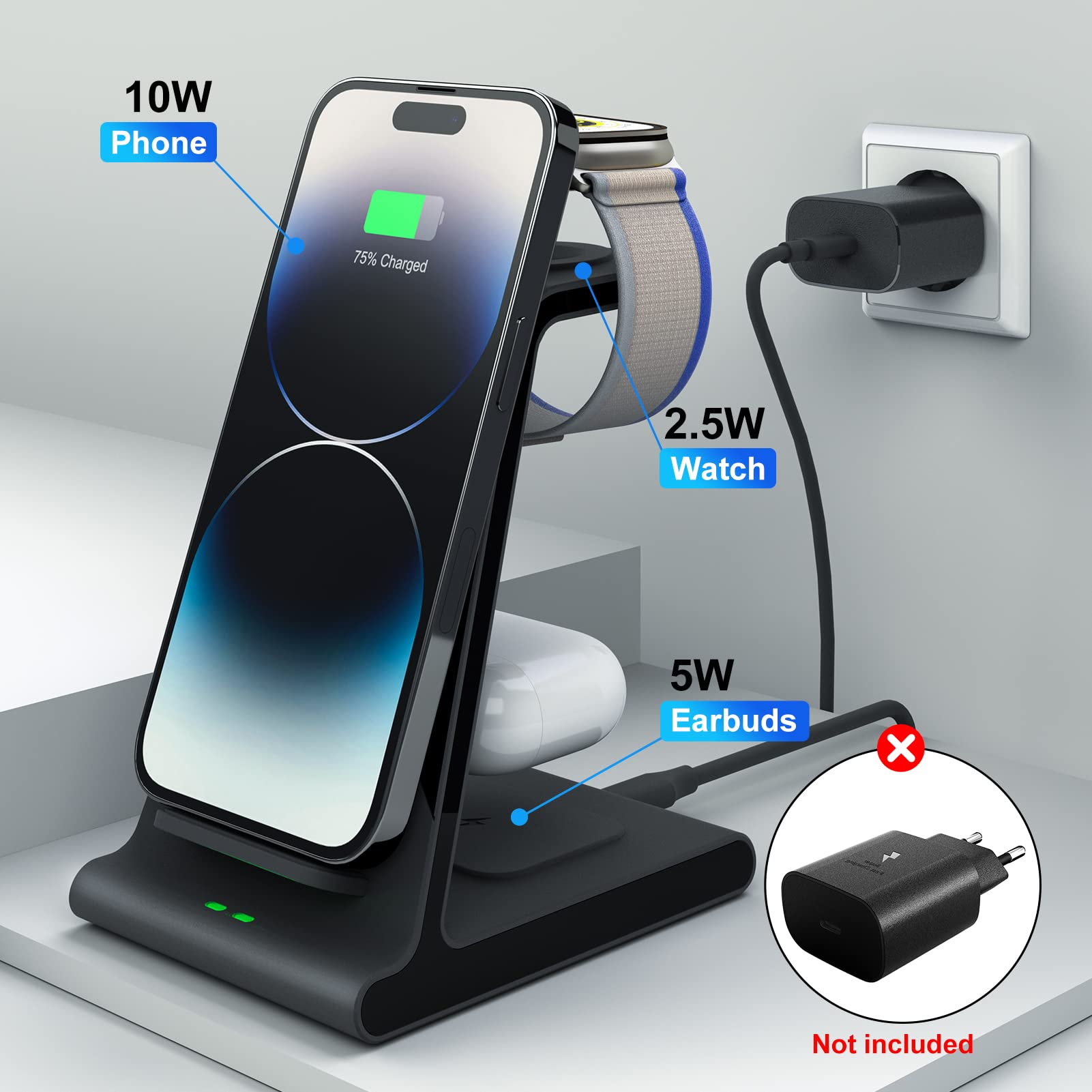 Phelinta Caricatore Wireless iPhone, Caricatore 3 in 1 Apple per iPhone 14/13/14 Pro/14 Pro Max, Stazione Ricarica iWatch 7/SE/6/5/4/3/2/1/Airpods Pro 2
