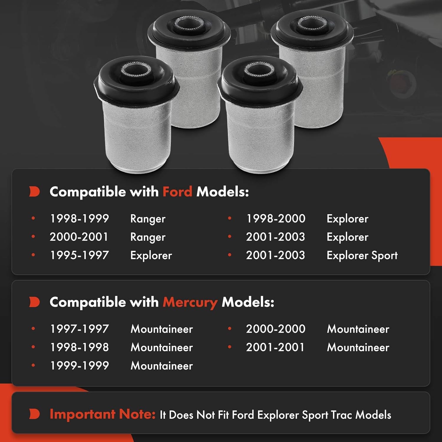 A-Premium Set of 4, Front Lower Forward & Rearward Control Arm Bushing Kit, Compatible with Ford Ranger 1998-2001, Explorer 1995-2003, Explorer Sport 2001-2003, Mercury Mountaineer 1997-2001