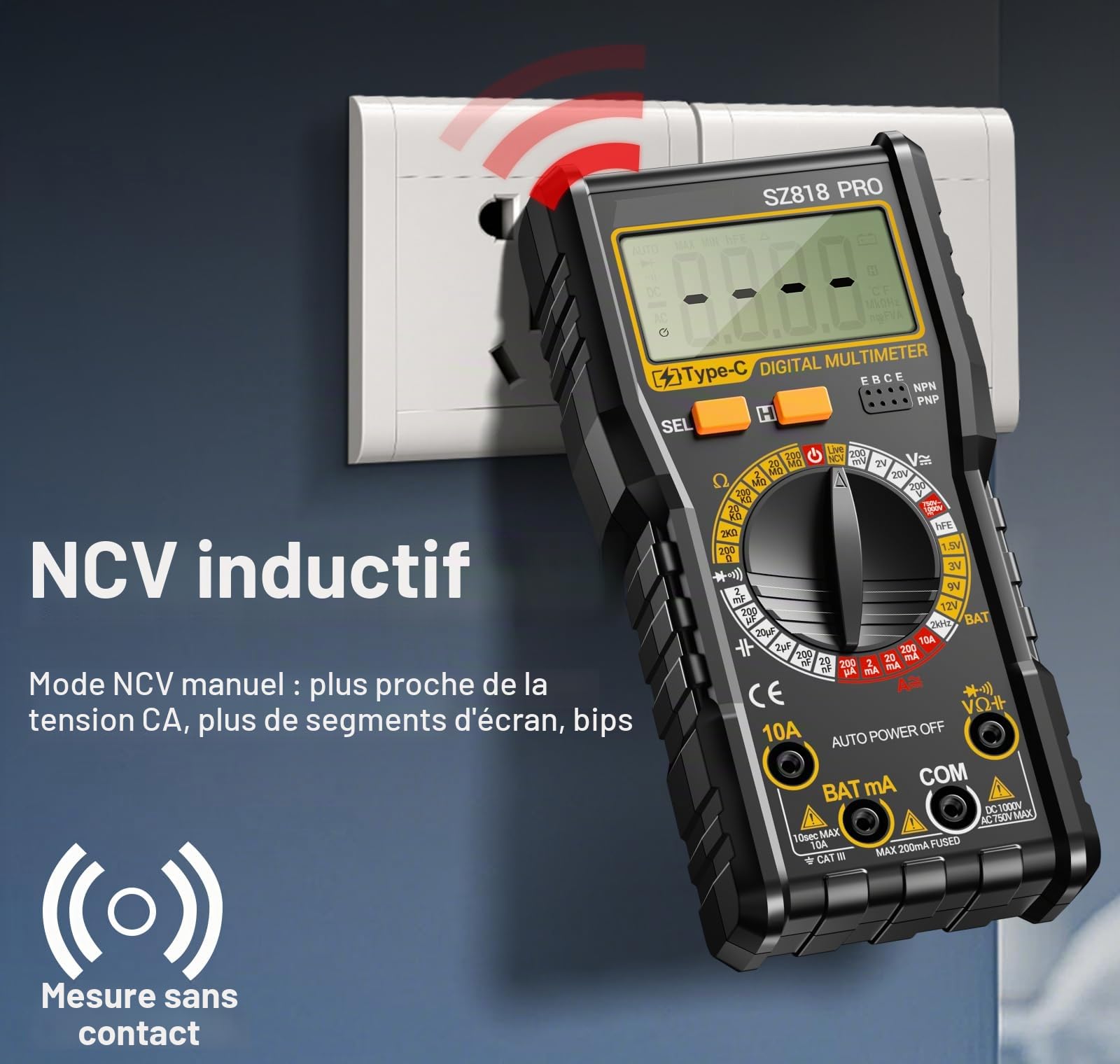 Multimètre numérique rechargeable - Multimètre numérique intelligent - Testeur de tension électrique - Batterie intégrée - Fonction de détection NCV - AC/DC - Résistance - Capacité - Fil neutre