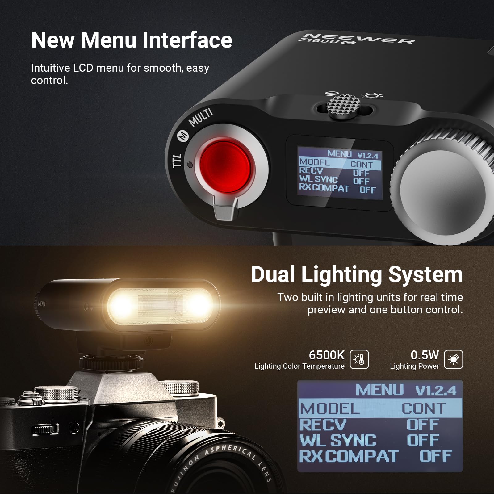 NEEWER Z160U-C lampa błyskowa Speedlite kompatybilna z Canon, kompatybilna z Godox, 18Ws GN14 6000K TTL 1/8000 HSS lampa błyskowa z USB C 1100 mAh bateria 1,4 s recykling 1100 błysków pełnej mocy