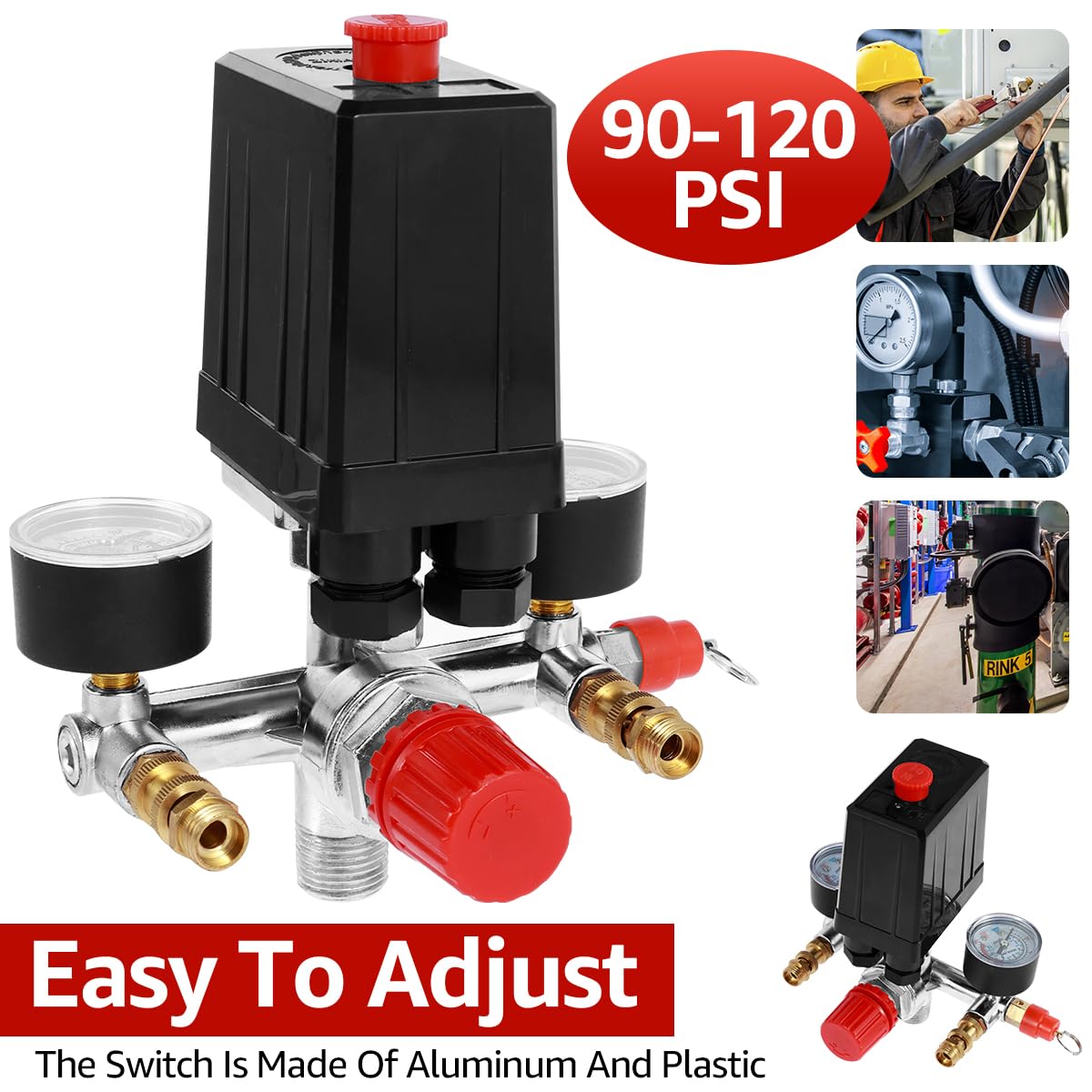 Pressostat de compresseur d'air 90-120PSI Manifold Régulateur Jauge Compresseur Pression Interrupteur Contrôle 220/380V pour Compresseur d'air
