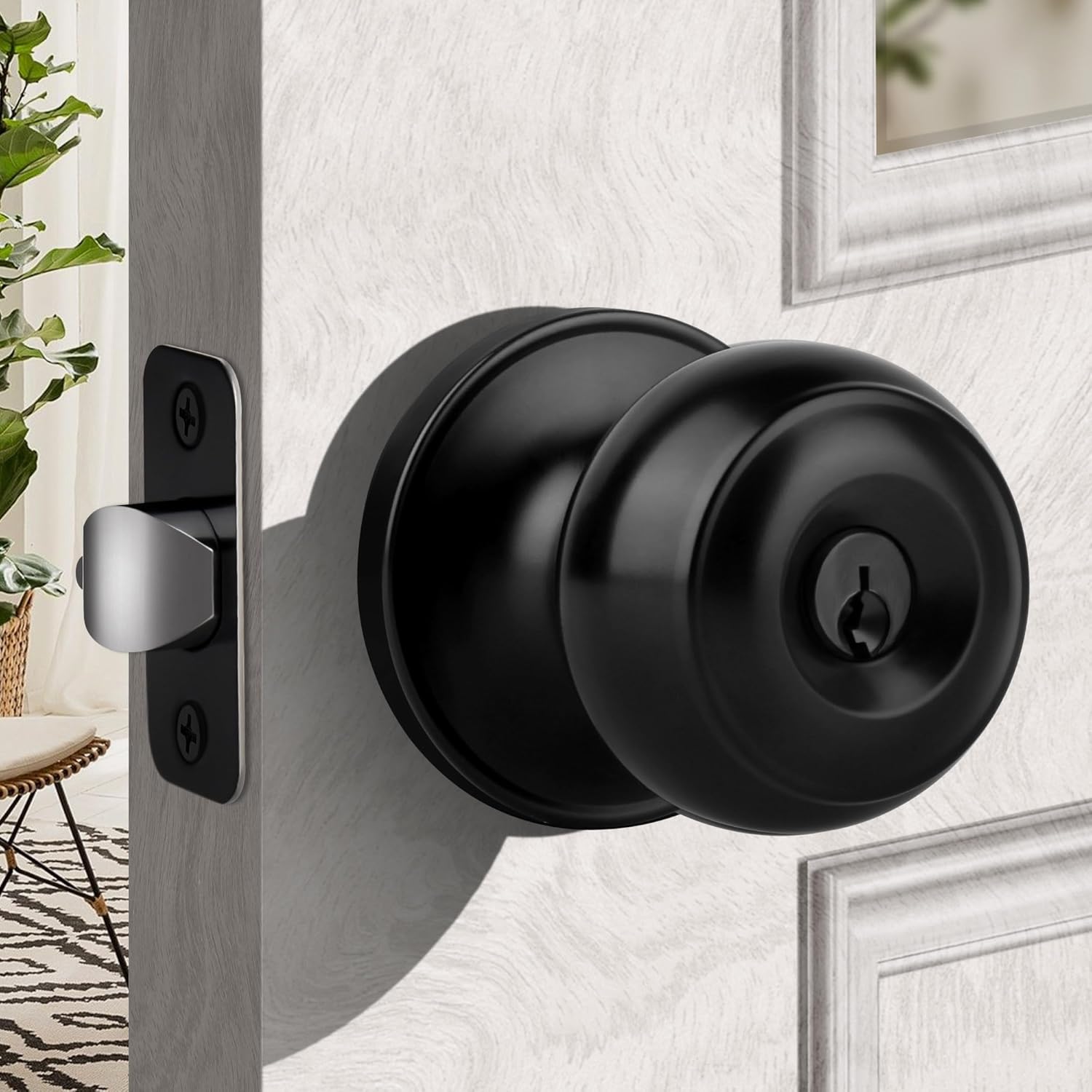 Moquin Keyed Entry Door Knob with Lock and Key, Interior and Exterior Locking Flat Ball Knob for Front Door or Bedroom, Black