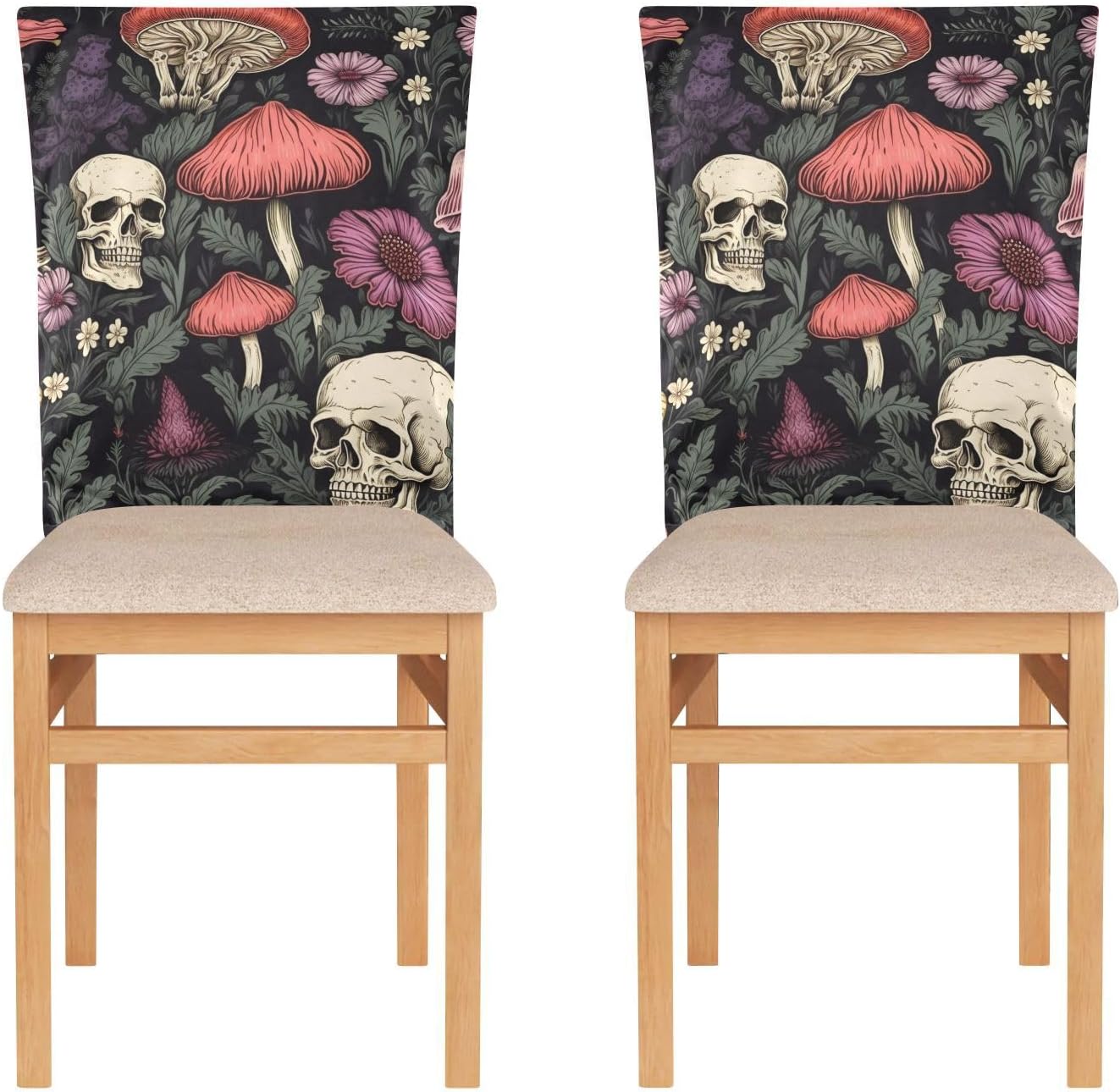 ALAZA Skull Flowers Mushroom Chair Back Cover Set of 6, Washable Reusable Removable Chair Slipcovers Decorative Chair Cover for Home Kitchen Wedding Party