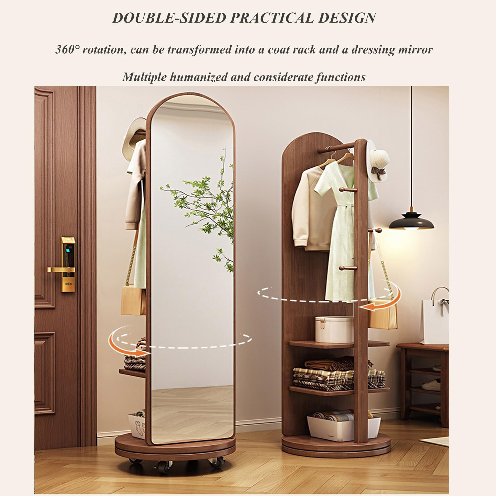 Specchio girevole a figura intera da 170 cm con appendiabiti, specchio rotante in legno massiccio con ripiano portaoggetti, design salvaspazio, perfetto per camera da letto, soggiorno e corridoio