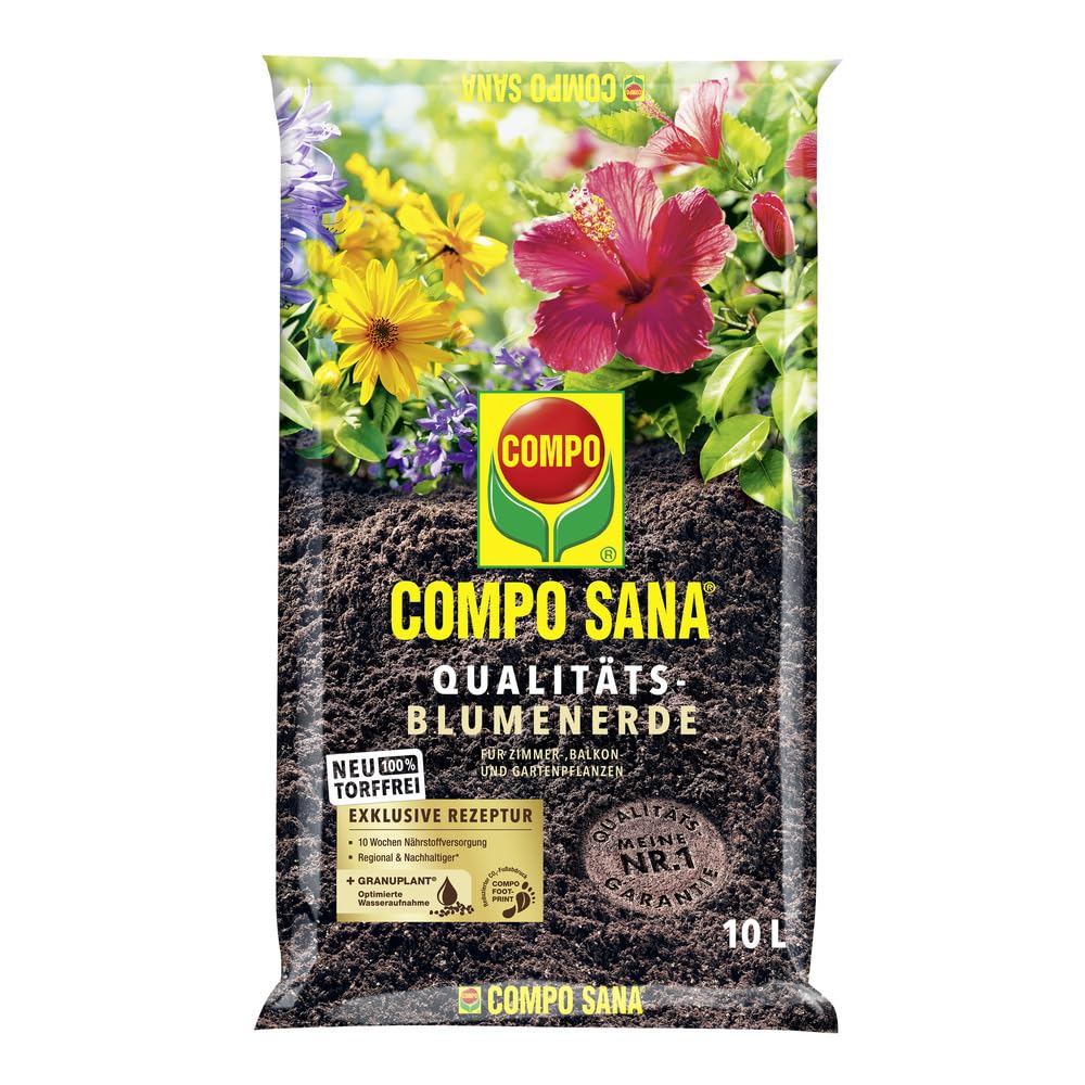 Compo SANA® - Tierra para flores de calidad sin turba, 10 L, universal para plantas de interior, balcones y plantas en macetas, suelo estable para plantas de interior con abono inicial, suministro