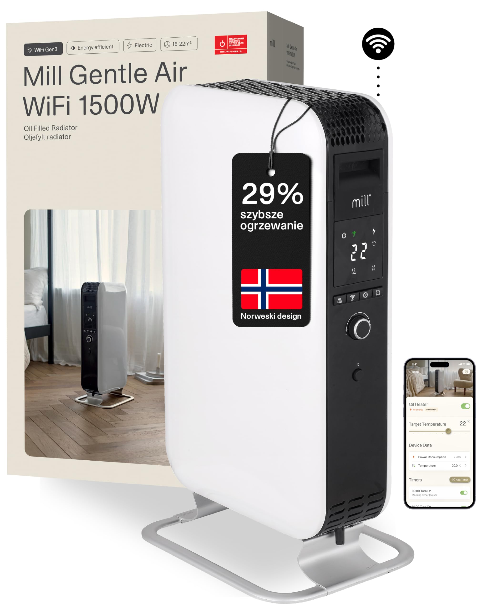 Mill Gentle Air WiFi Oil Filled Radiator (Biały, 18-22 m²)