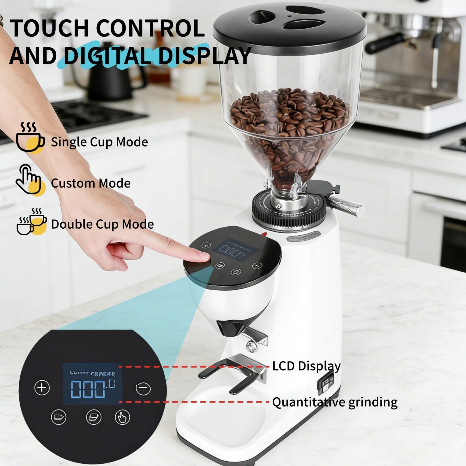 Młynek do espresso, elektryczny młynek do kawy, 19 ustawień, młynek do ziaren ze stali nierdzewnej z cyfrowym panelem dotykowym i kontrolą porcji do espresso, drip White