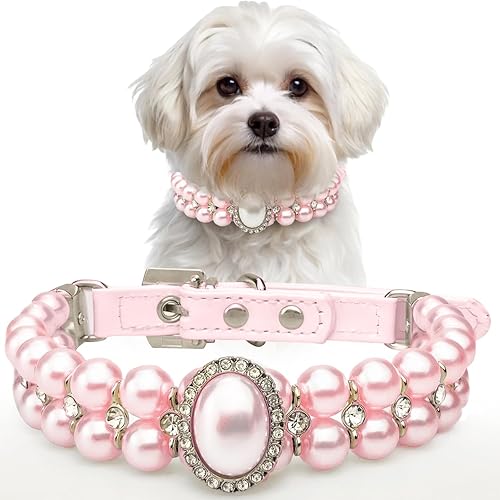 KUDES Collares de perlas grandes para perros pequeños y gatos con decoración de diamantes de imitación de cristal, collar ajustable de piel