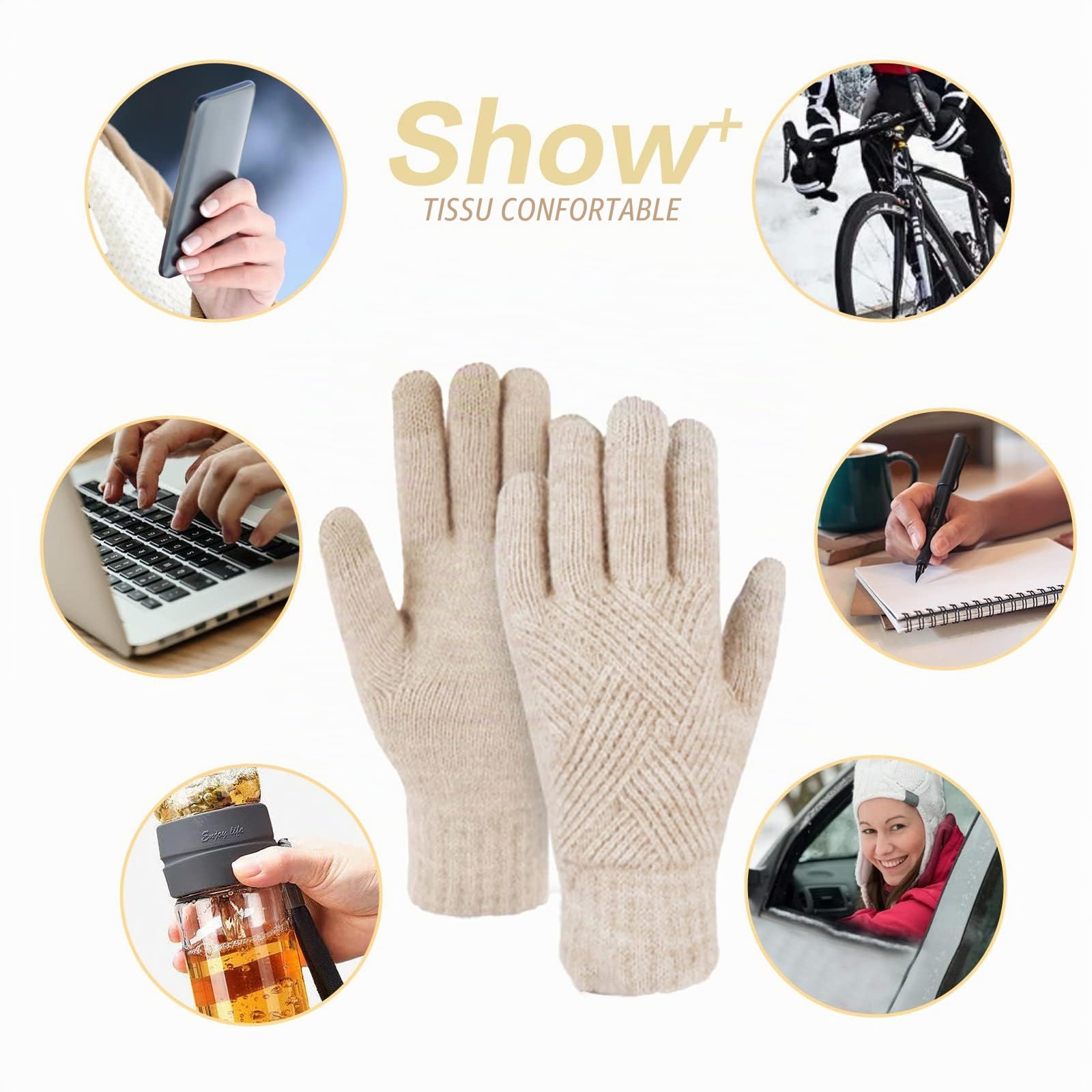 Ensemble bonnet à pompon et gants chauds pour l'hiver - Bonnet tricoté - Cache-cou et gants pour écran tactile - Unisexe