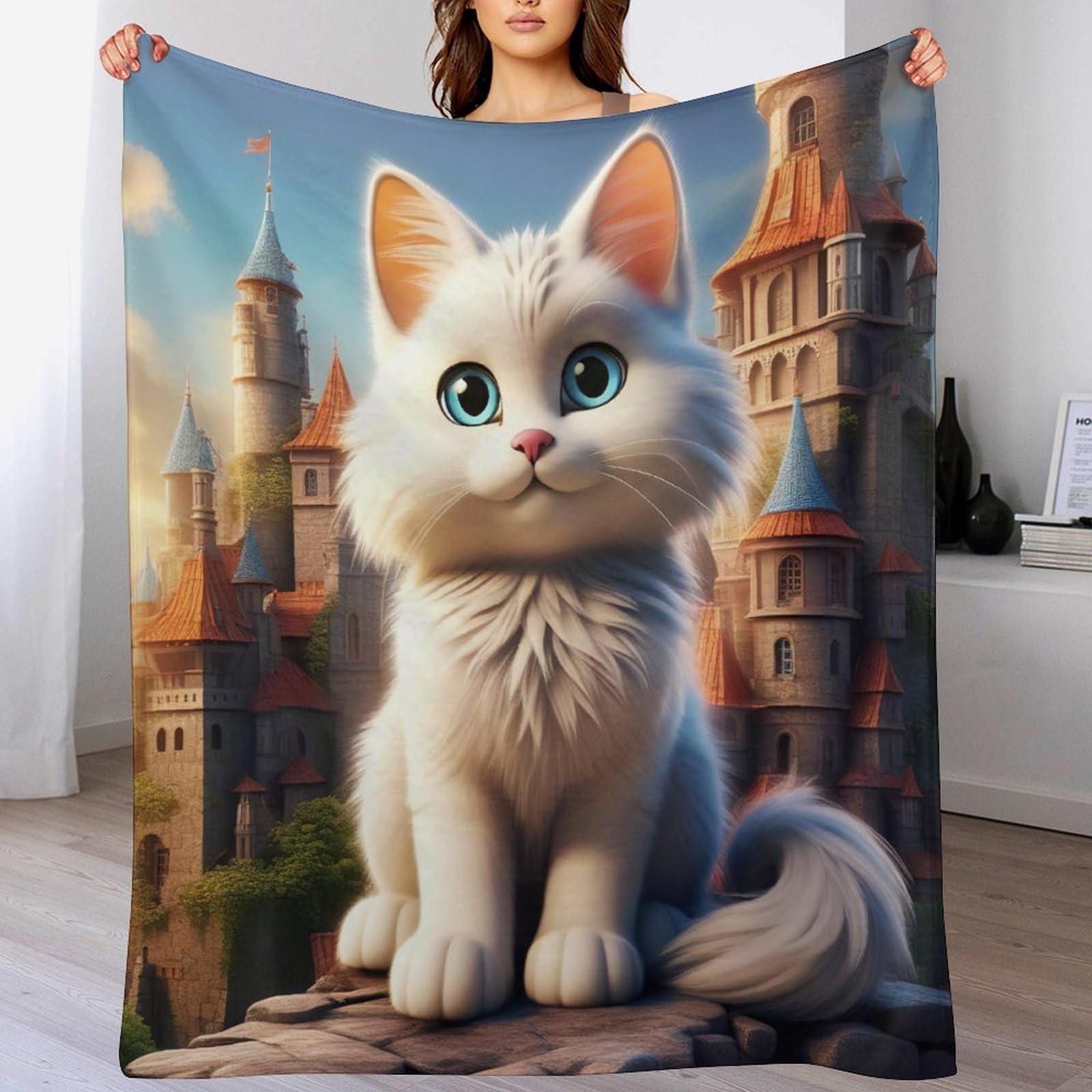 Manta de franela con bonito gato estampado suave de 140x180 cm para sofa