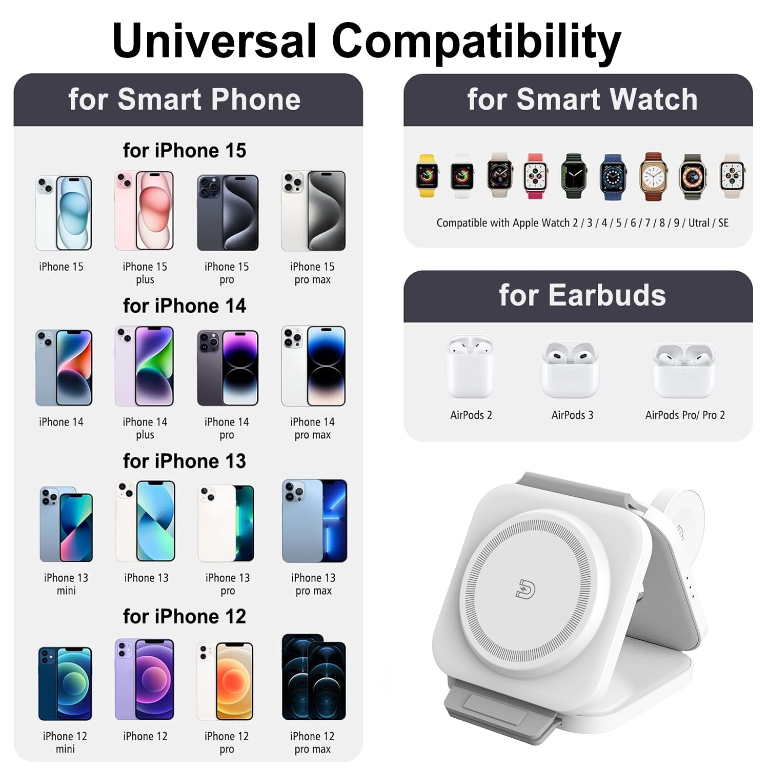 Station de charge sans fil pour plusieurs appareils Apple, chargeur sans fil magnétique pliable 3 en 1, tapis de chargement de voyage pour iPhone 15 14 13 12 Pro Max Plus, montre et