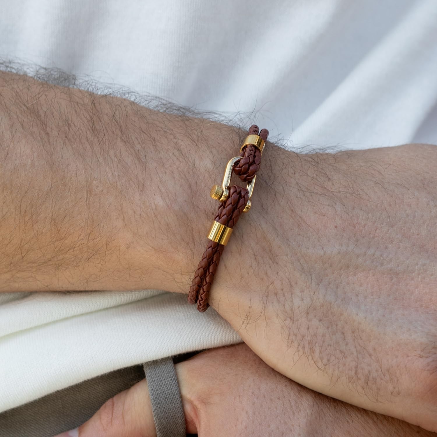 Elegatto Helix Premium Vintage Leather Bracelet for Men | Double Black Leather Strands with Sterling Silver Polished Mini Shackle Closure | Men’s Designer Jewelry - Image 4