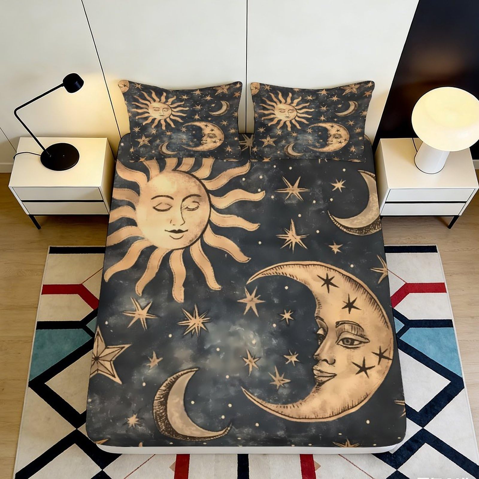 3D Printed Sun Moon Stars Fitted Sheet Microfiber Soft Breathable Celestial Bed Cover for Bedroom Dormitory Guest Room Mattress Protection 140x200x25cm