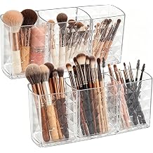 3-Compartments Crystal Makeup Brush Holder, Cosmetic Organiser, Acrylic Makeup Brush Organiser for Eyeliners, Lipstick, Mascara and More Make-Up Storage
