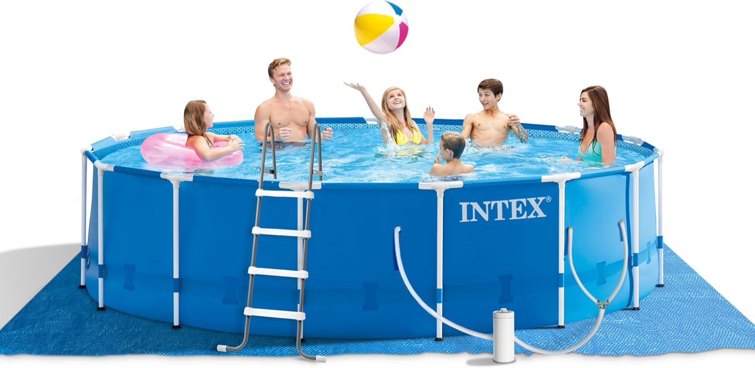 Intex 28241EH Metal Frame Above Ground Swimming Pool Set: 15ft x 48in – Includes 1000 GPH Cartridge Filter Pump – Removable Ladder – Pool Cover – Ground Cloth