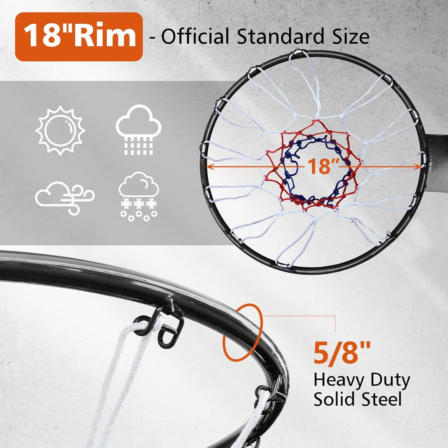 18" Steel Basketball Rim, Double Spring Breakaway Rim for Indoor & Outdoor Use, Heavy Duty Solid Steel with All-Weather Net, Wall-Mounted