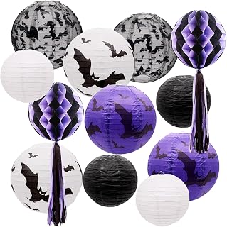 UNIQOOO 12pcs Halloween Paper Lanterns Set, Black White Purple | Spooky Decor, Hanging Decorative Bats & Honeycomb Pom Pom Tassels, Indoor/Outdoor Holiday Home Garden Decor Party