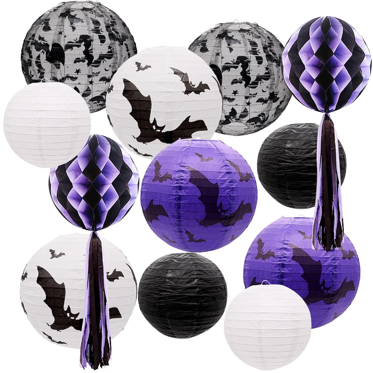 Uniqooo 12Pcs Spooky Halloween Decor Black White Purple Hanging Paper Lanterns