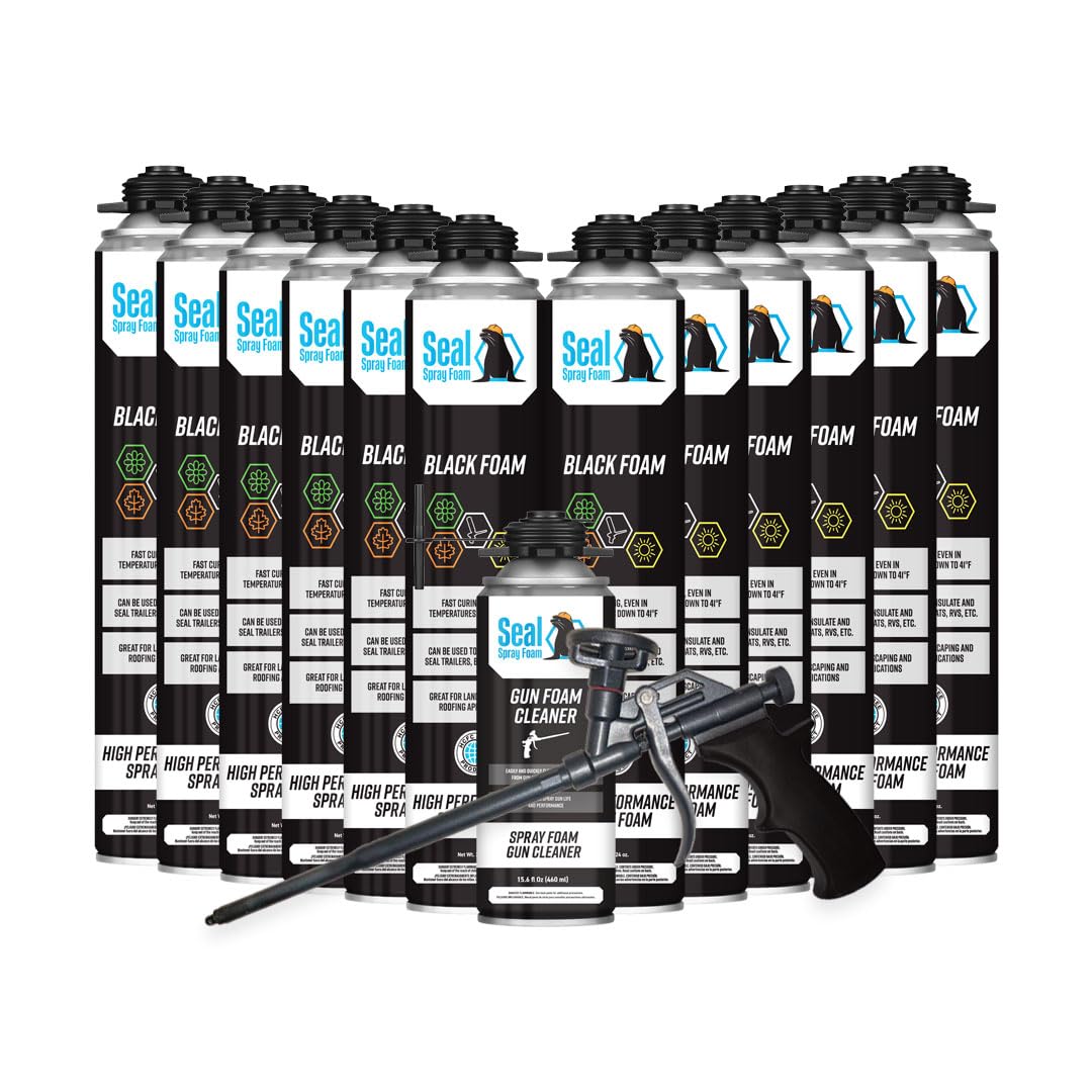 Seal Spray Black Gun Foam - 12/23.3 OZ Cans (1 Case) w/15 Gun Foam Applicator and 1 Can of Cleaner