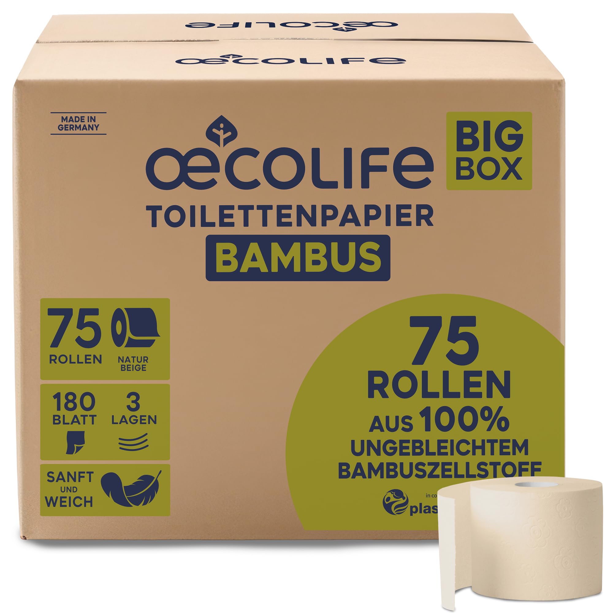 œcolife Bambus Toilettenpapier, 75 Rollen, 3-lagig, Ungebleicht in natürlichem Beige, 180 Blatt pro Rolle, Frei von Kolophonium & Chlor, Nachhaltig & Plastikfrei verpackt | ohne Kolophonium