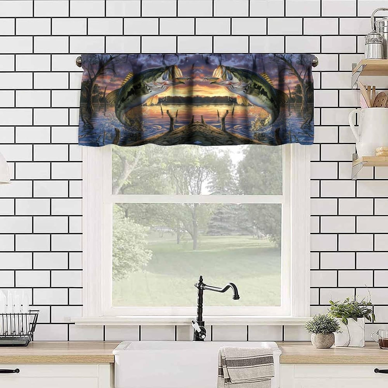 Fish Kitchen Valance Vintage Farmhouse Animal Wild Countryside Forest Hunting Lodge Lake Fishing Pattern Window Treatment for Kids Boys Living Room Bedroom 54x18In