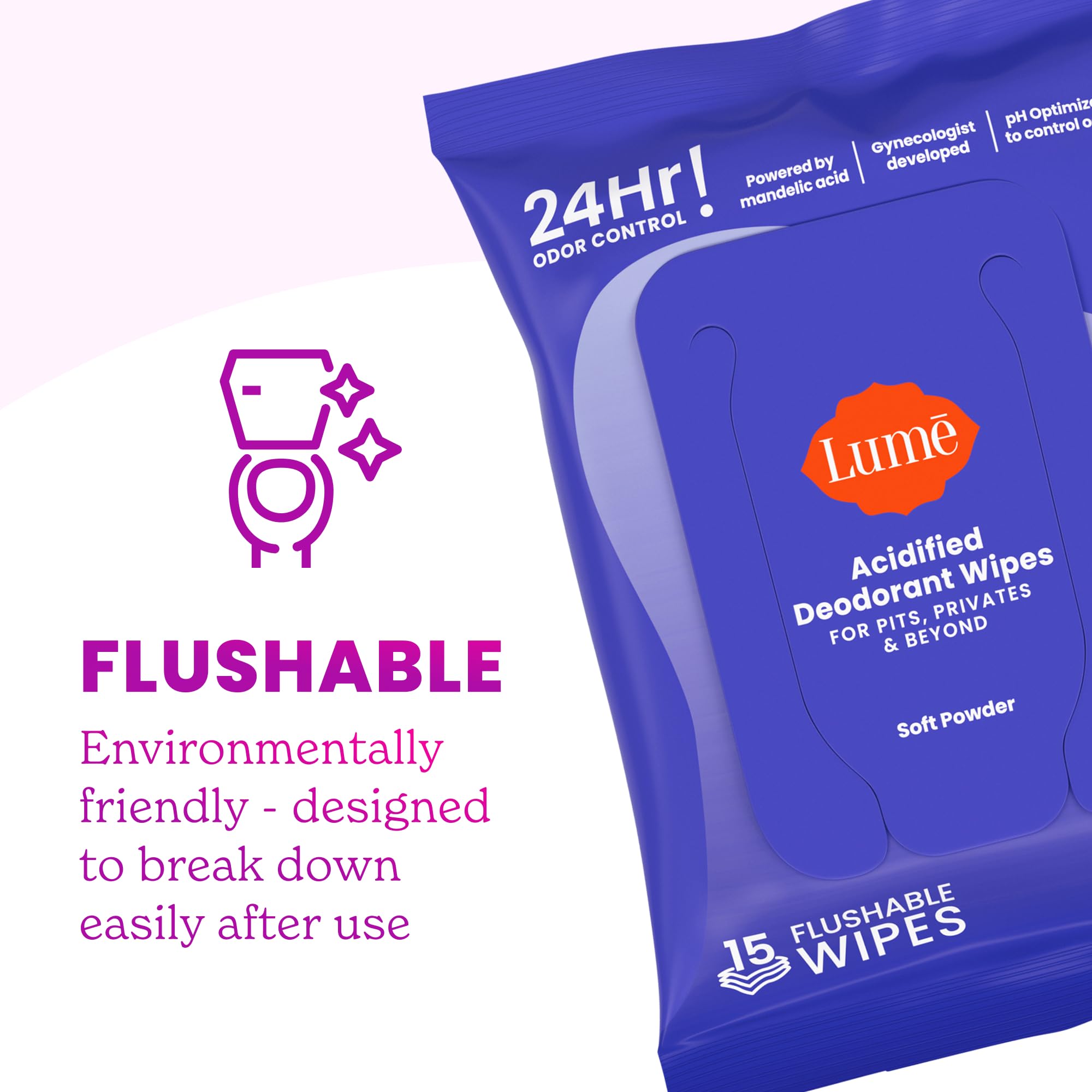 Lume Acidified Deodorant Wipes - 24 Hour Odor Control - Whole Body Deodorant Wipes - Aluminum Free, Baking Soda Free, Skin Loving - Flushable - 15 Count - 3 Pack (Soft Powder)