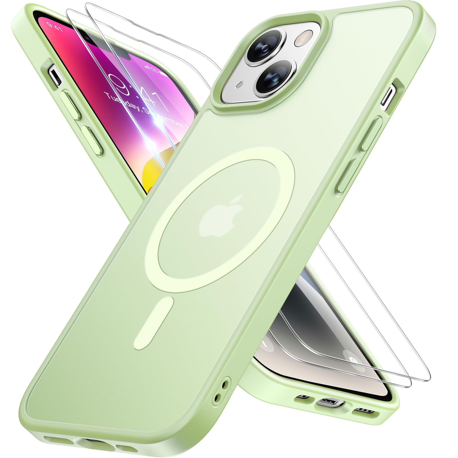 Miracase Magnetic for iPhone 14 Case 6.1 inch (Compatible with MagSafe)（with 2X Screen Protectors） Military-Grade Protection, Anti-Fingerprint Translucent Matte Phone Case Cover, Light Green