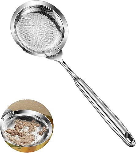 Colador de malla fina, cuchara coladora de aceite para grasa de tocino y desnatar sopa, espumadera de grasa de acero inoxidable con mango resistente