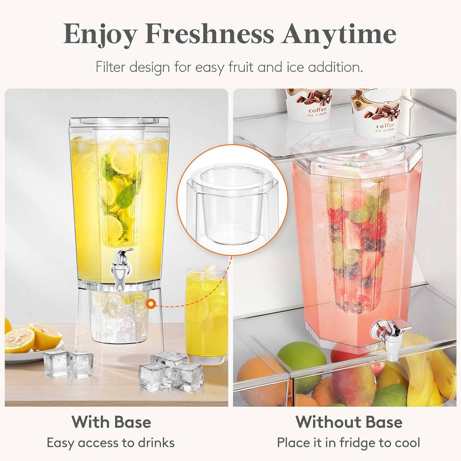 Lifewit 1 Gallon Drink Dispenser for Parties 2 Pcs, Plastic Beverage Container for Juice/Tea/Soda with Stand & Ice Core, Clear Lemonade Dispenser with Spigot, BPA Free Water Pitcher 39 x 16 cm/15x6" - Image 8