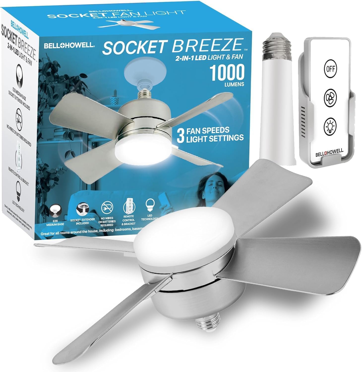 Bell+Howell Socket Breeze Cool Light Deluxe Silver – Ceiling Fans with LED Lights and Remote Control, Replacement for Lightbulb - Bedroom, Kitchen, Living Room,1000 Lumens / 5000 Kelvins