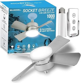 Bell+Howell Socket Breeze Cool Light Deluxe Silver Ceiling Fans with LED Lights and Remote Control, Replacement for Lightbulb - Bedroom, Kitchen, Living Room,1000 Lumens / 5000 Kelvins