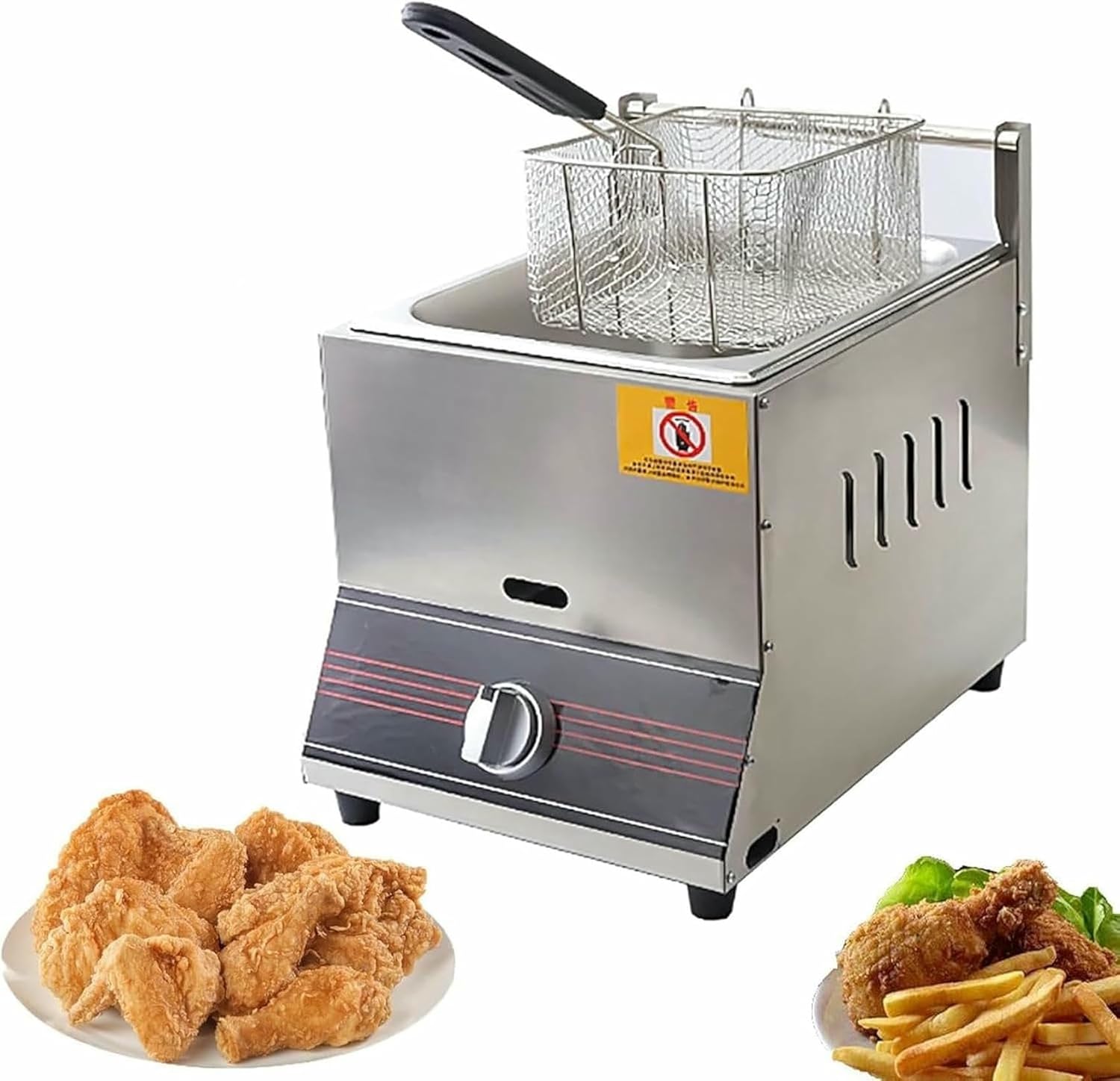 Commercial Fat Fryer Basket Commercial Countertop Deep Gas Fryer Stainless Steel Outdoor Cooker, with Basket and Lid,for French Fries Restaurant Home Kitchen~/
