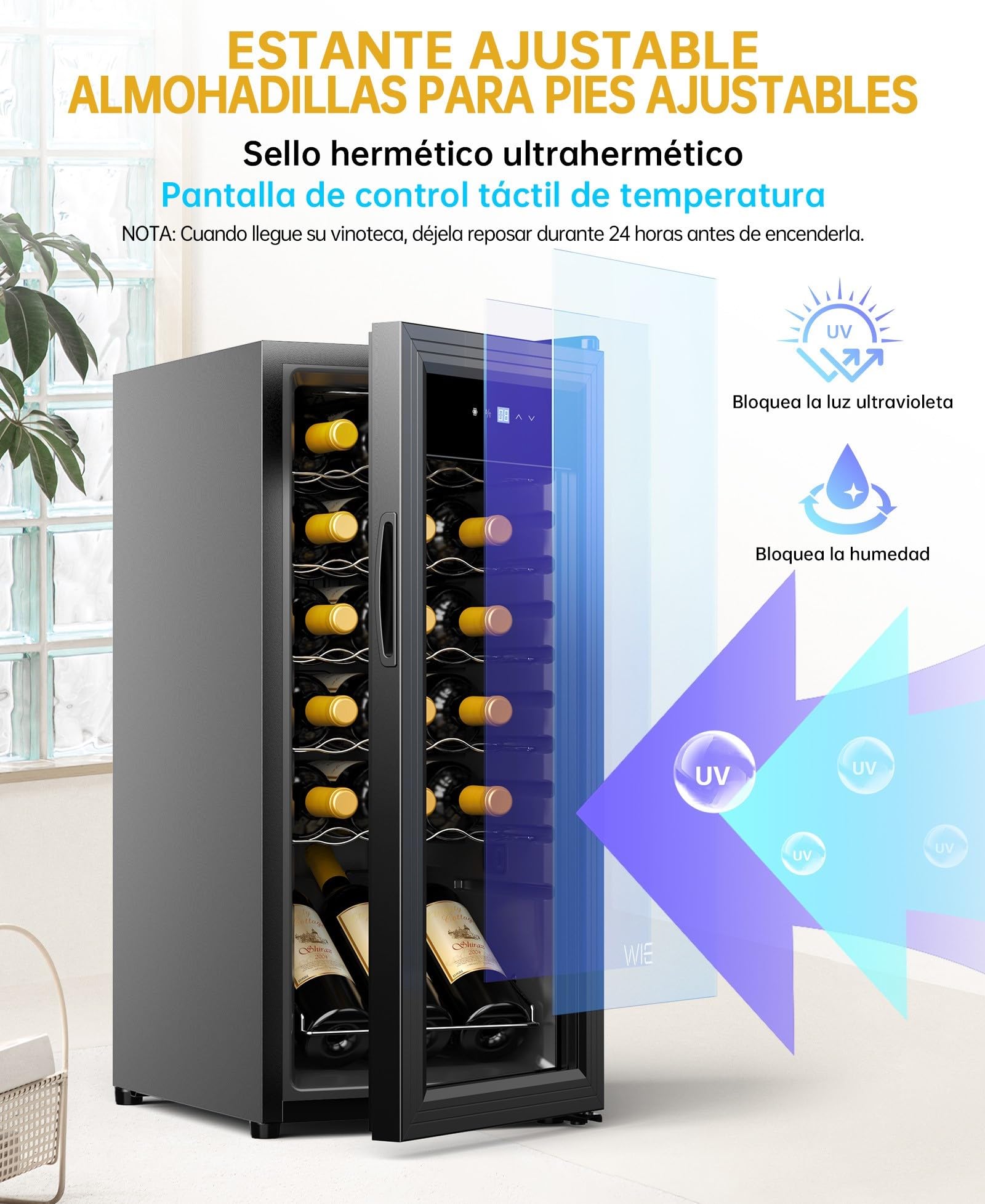 WIE Vinoteca, 18 Botellas Nevera Vinos, 53L Vinoteca Pequeña, Protección UV, Control Táctil, Iluminación LED, 5-18°C, para Vino Tinto, Vino Blanco, Cerveza, Bar Interior/Cocina/Hotel