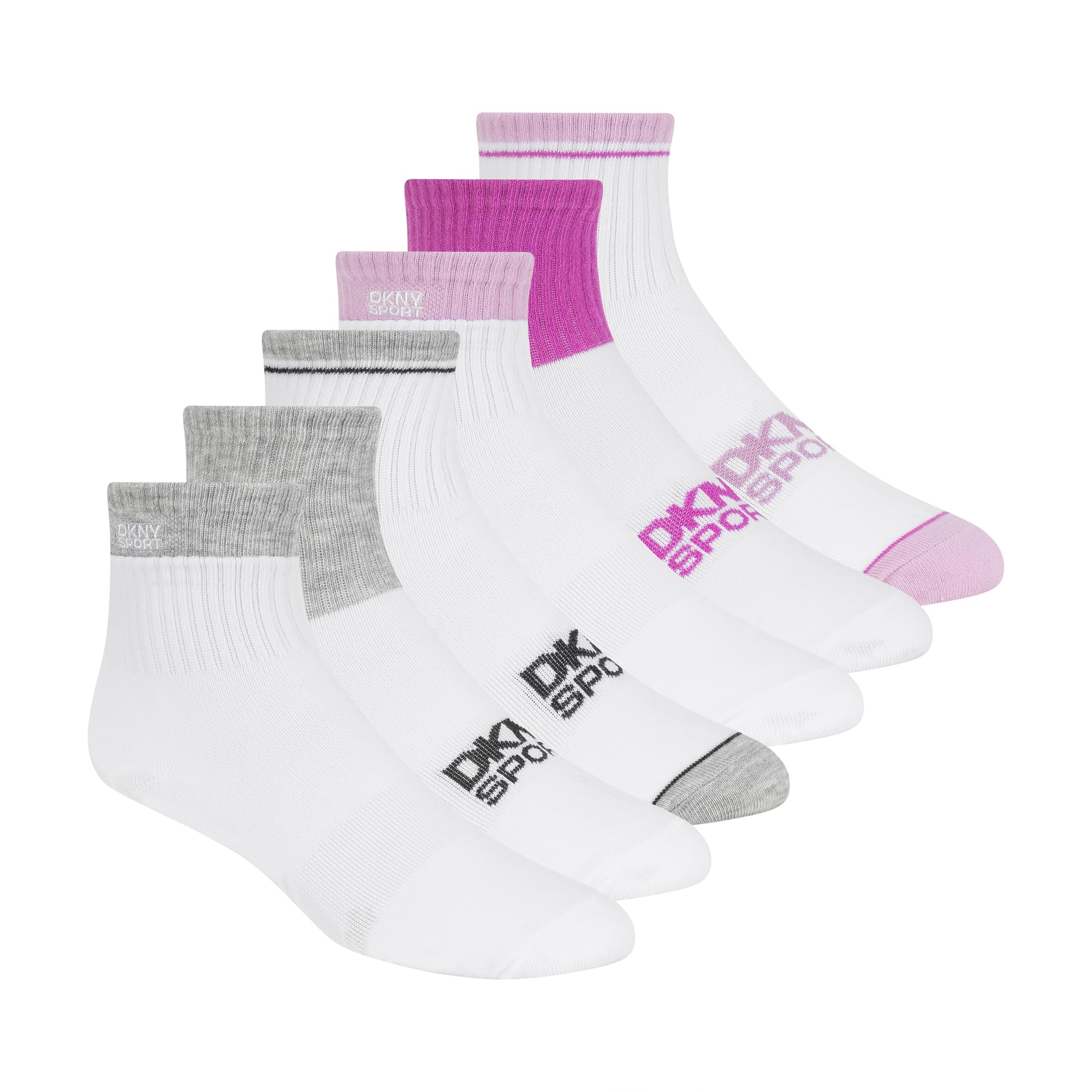DKNY Women's 6 Pack Sport Low Crew Socks, White/Pink, 8-10 UK