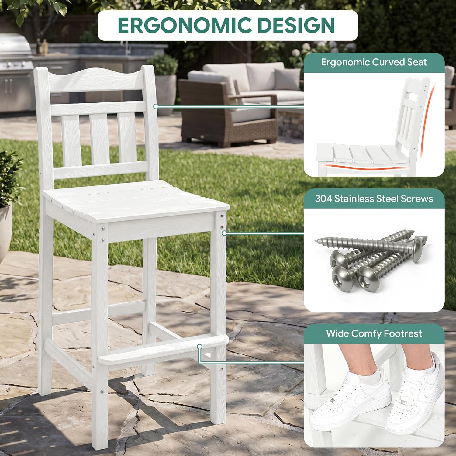 Outdoor Bar Stools Set of 2, HDPE Tall Adirondack Bar Chairs 27.5 Inch Seat Height w/Backrest, All Weather Patio Bar Height Chairs for Bistro Balcony Deck Poolside (White)