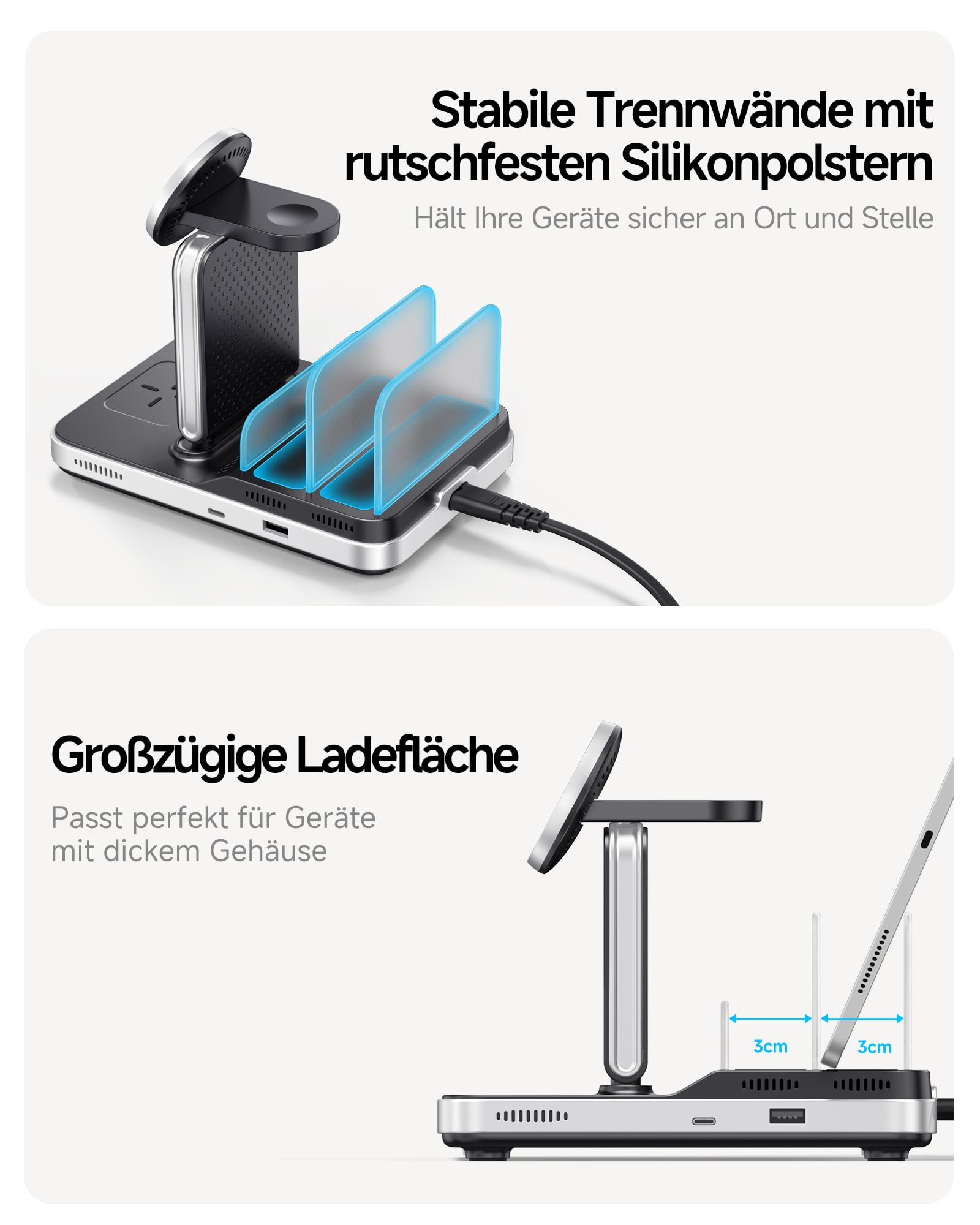 SwanScout Induktive Ladestation für iPhone, 5 in 1 Ladestation für iPhone Air/17/16/15/14/13/12 Serie, Kabelloses Ladegerät für Apple Watch Ultra 2/10/9, für AirPods/iPad/Tablet/Switch, SwanScout 901M
